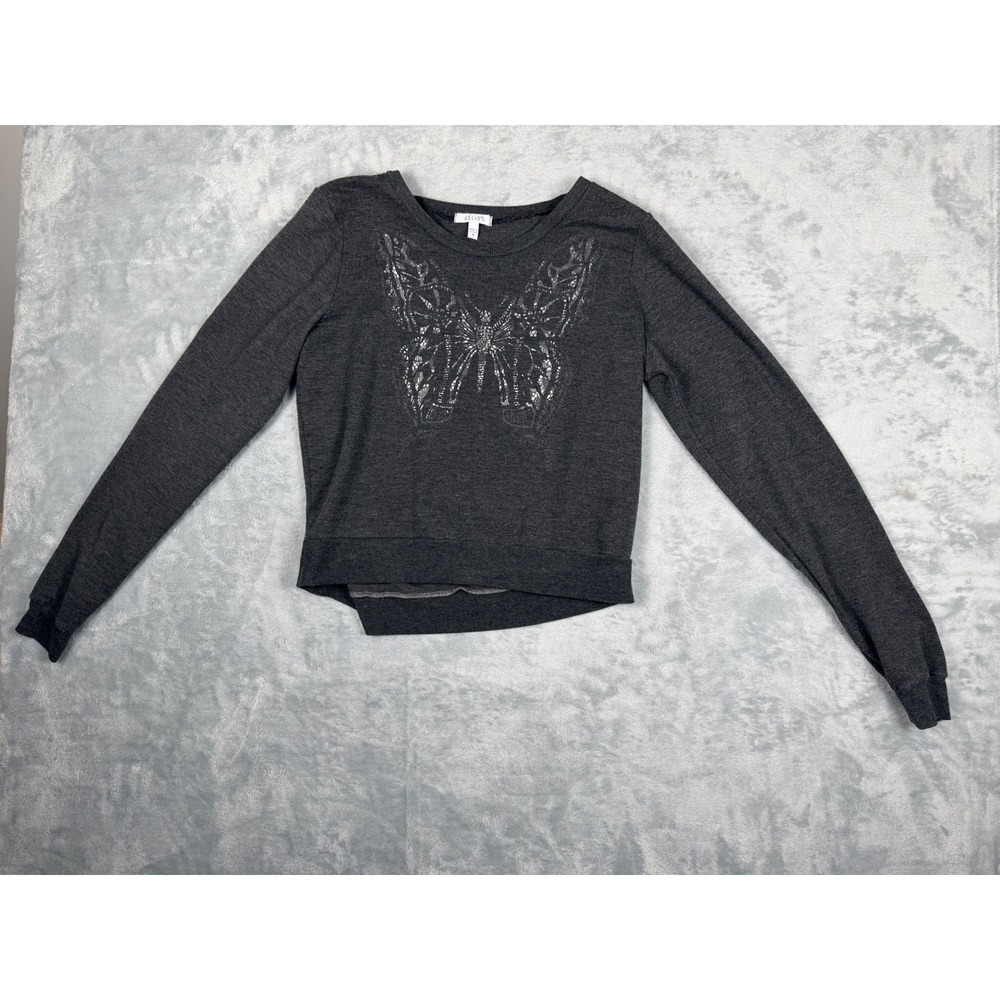 Y2K dELiA*s Womens Gray Butterfly Graphic Long Sleeve Top Charcoal Silver Foil M